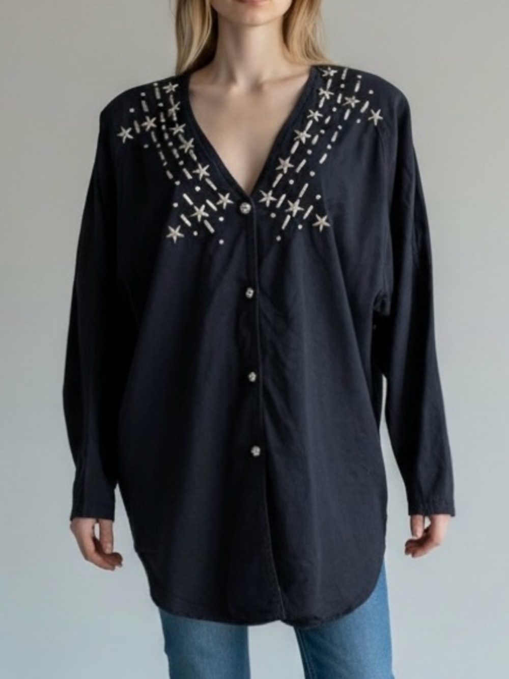 90s Vintage Black Silver Studded Oversized V-Neck Button-Up Top Retro Whimsigoth